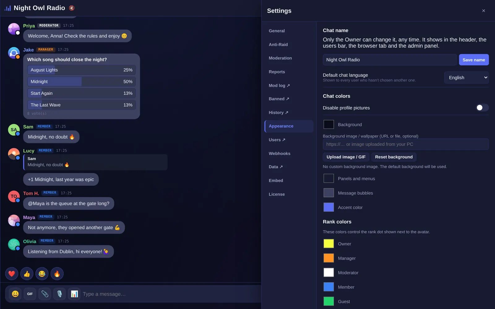 Parlo chat appearance and color options