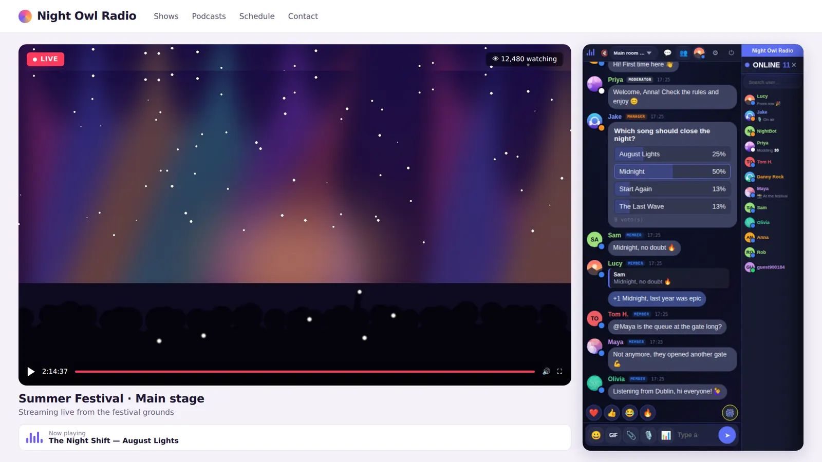 A radio website with the live stream on the left and the Parlo chat embedded on the right, with a poll, replies and the user list