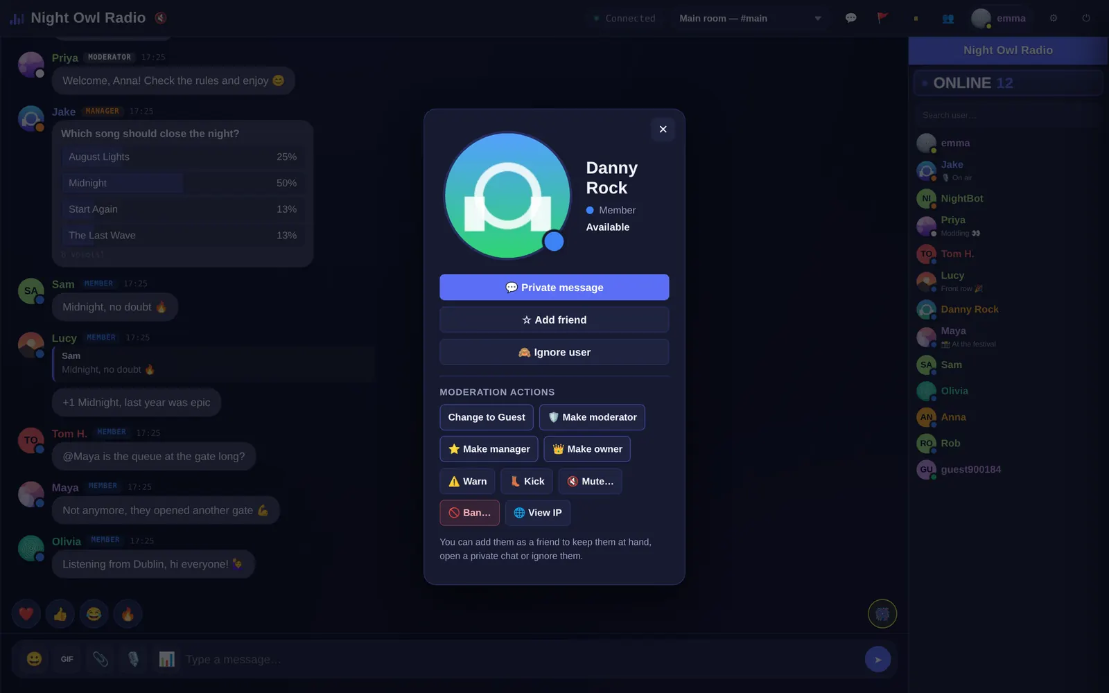 A user profile with Parlo moderation actions: mute, kick, ban and change rank