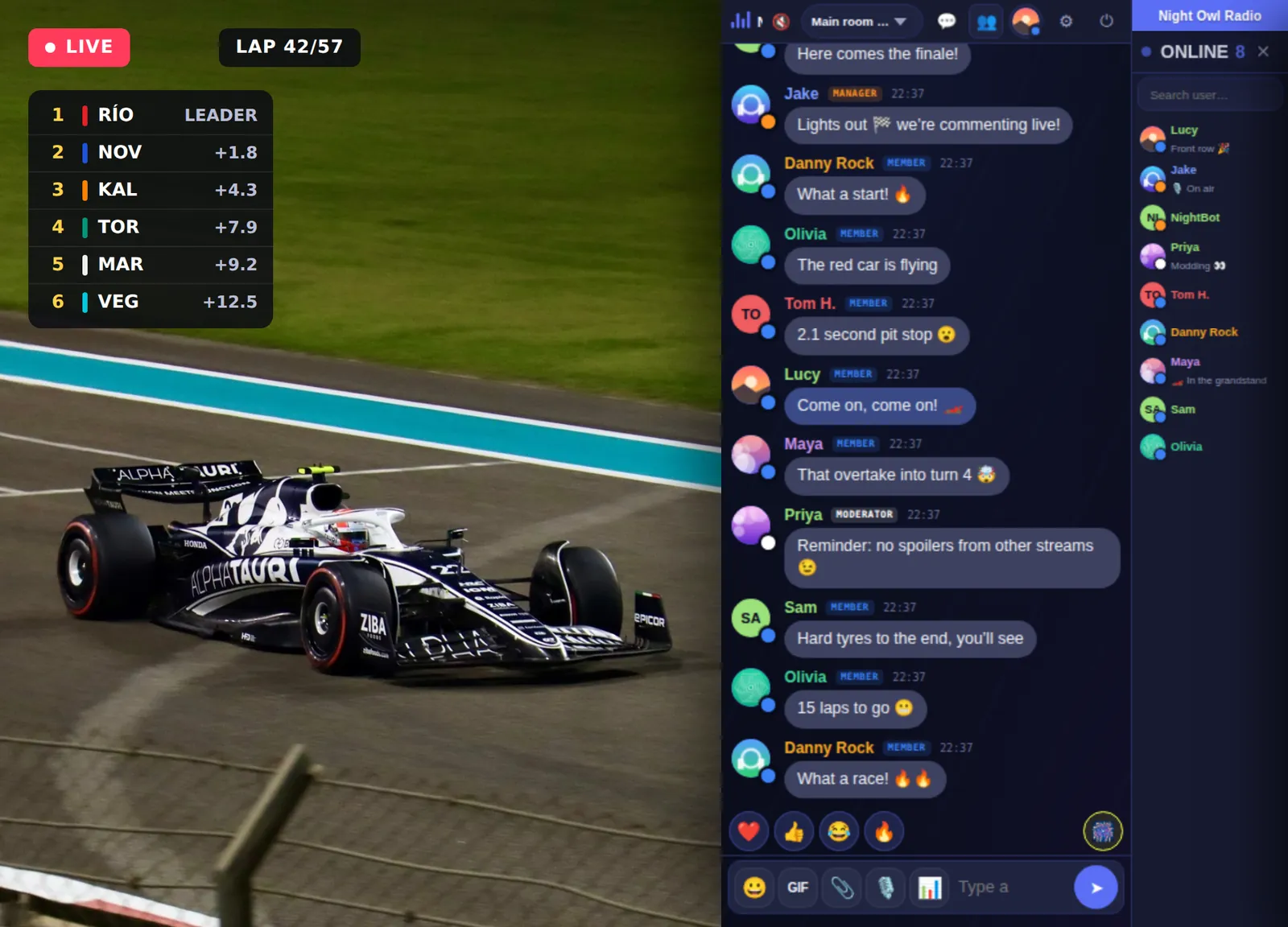 Parlo chat next to a live single-seater race stream, with fan messages, profile pictures and the online list