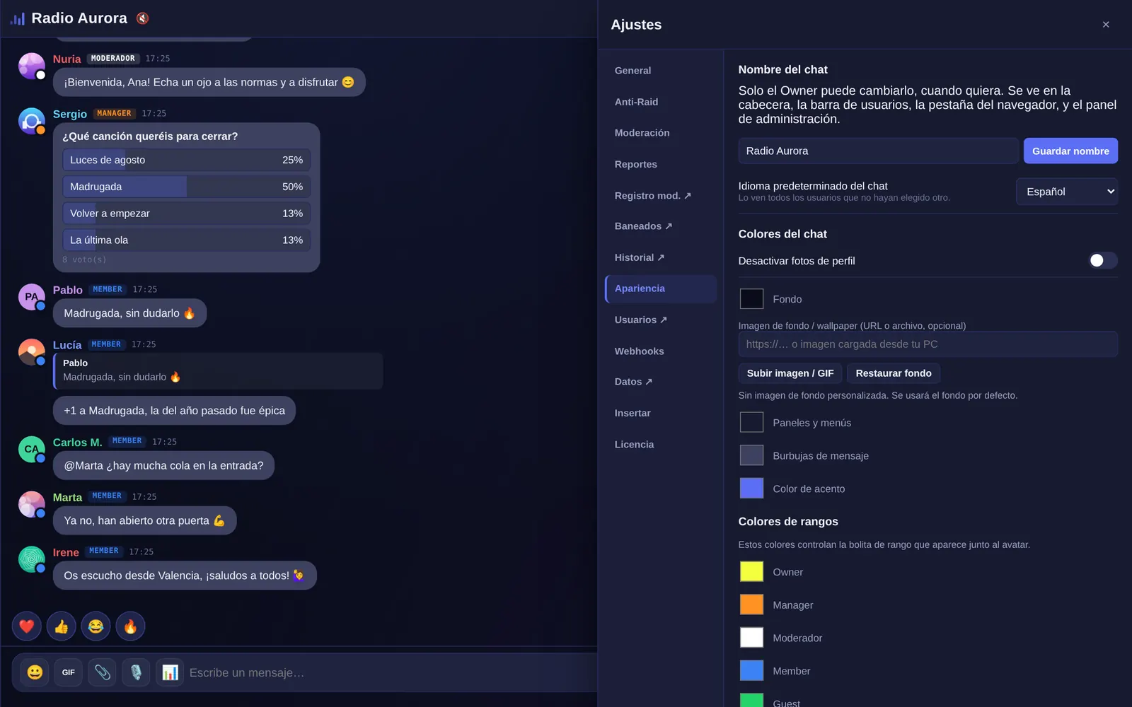 Opciones de apariencia y colores del chat de Parlo