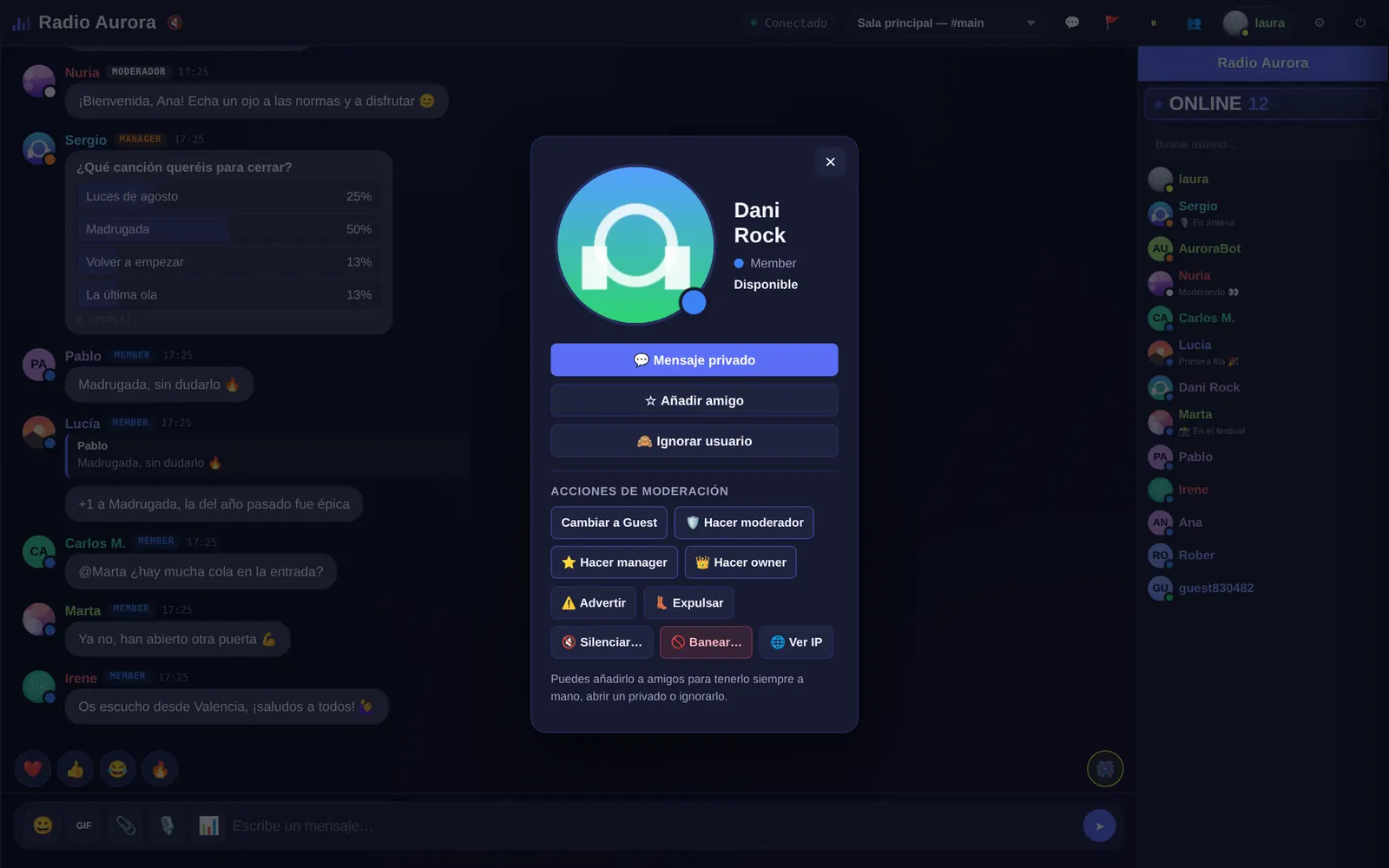 Perfil de un usuario con las acciones de moderación de Parlo: silenciar, expulsar, banear y cambiar de rango