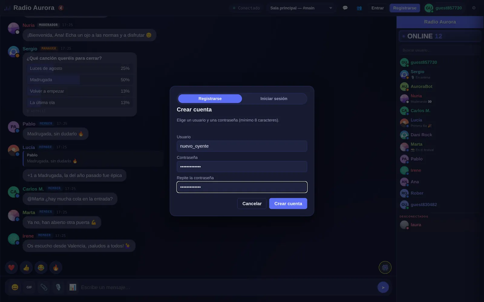 Pantalla de entrada y registro del chat de Parlo
